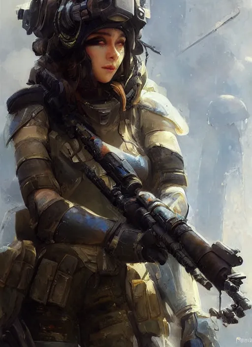 Prompt: of a beautiful sniper girl in war, with some futuristic gear and helmet, portrait by ruan jia and richard s. johnson, detailed, epic video game art, warm color tone