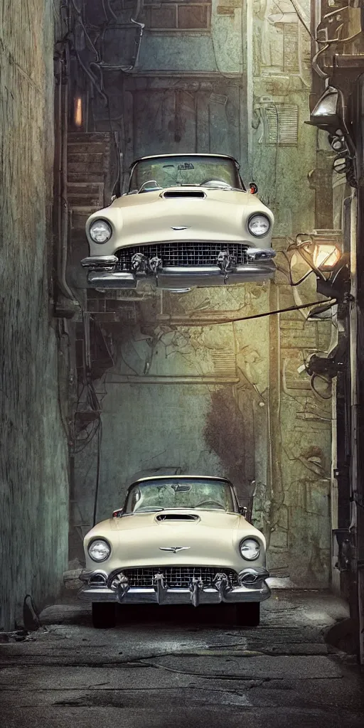 Image similar to a wholesome animation key shot of a focused old 1955 Ford Thunderbird car parked in an abandoned alleyway, medium shot, waist up, studio Ghibli, Pixar and Disney animation, sharp, very detailed, high resolution, Rendered in Unreal Engine 5, anime key art by Greg Rutkowski, Bloom, dramatic lighting