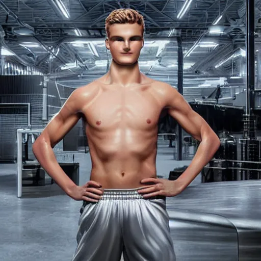 Image similar to a realistic detailed photo of a guy who is an attractive humanoid who is half robot and half humanoid, who is a male android, soccer players martin ødegaard & timo werner, shiny skin, posing like a statue, blank stare, in a factory, on display, showing off his muscles, gold soccer shorts, side view, looking at each other mindlessly