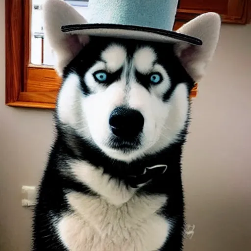 Image similar to A photo of a Husky dog wearing a hat