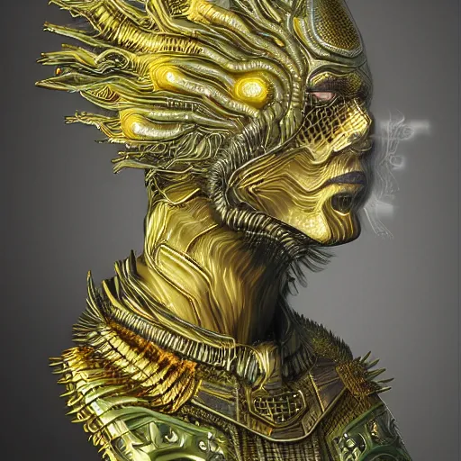 Image similar to 3 d portrait with hyperdimensional mycorrhizal fungal implants. beautiful intricately detailed alchemical retrowave golden armor. glowing bio luminescent outline, storm, pulse projections, plasma, creature, artwork by tooth wu and wlop and android jones and beetle and greg rutkowsk