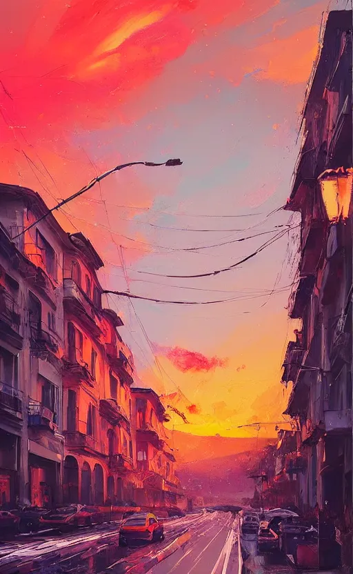 Image similar to a beautiful illustration of sofia bulgaria at sunset, art of alena aenami, featured on artstation, vertical orientation, paint brush strokes, expressionism, brushstroke - laden, breathtaking clouds, traffic lights, wet concrete, beauttiful stars, cables, long exposure, gigantic sun, airy theme, red purple gradient, lens flare