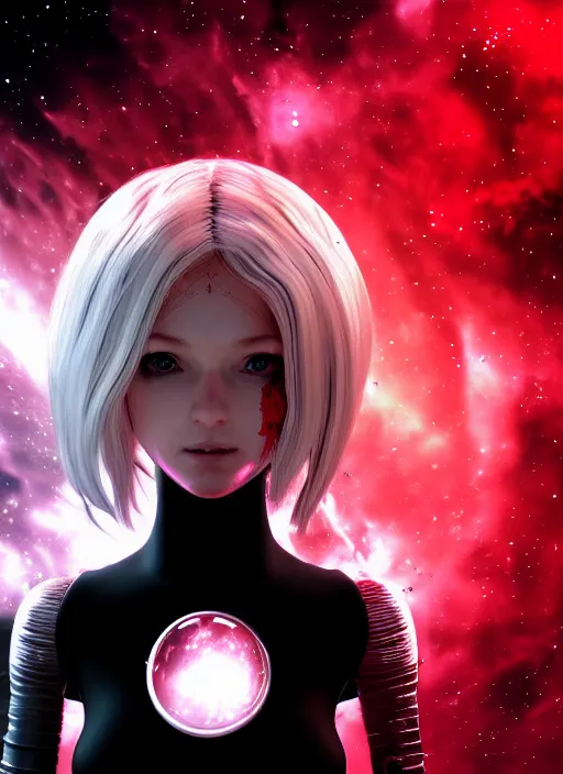 Prompt: highly detailed portrait of a hopeful pretty astronaut lady with a wavy blonde hair, by Ben Templesmith, 4k resolution, nier:automata inspired, bravely default inspired, vibrant but dreary but upflifting red, black and white color scheme!!! ((Space nebula background))