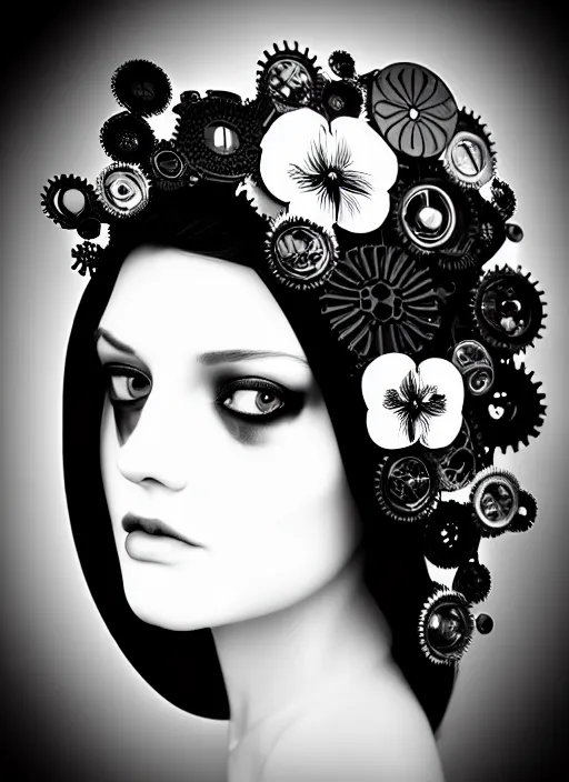 Image similar to black and white macabre masterpiece profile portrait, one steampunk eye silver hexagonal meshes floral biomechanical beautiful young female cyborg, big monocular, volumetric light, hibiscus flowers, by hg giger, rim light, big gothic fashion pearl embroidered collar, 8 k