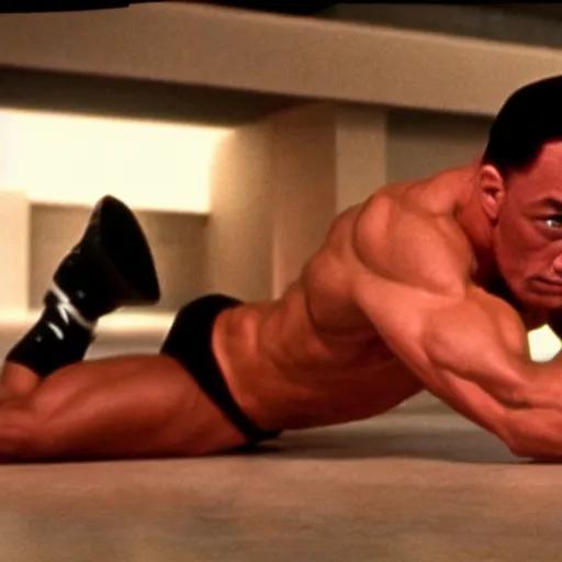 Image similar to cinematic still, young Jean Claude Vandamme doing the splits, dramatic lighting ,award winning,