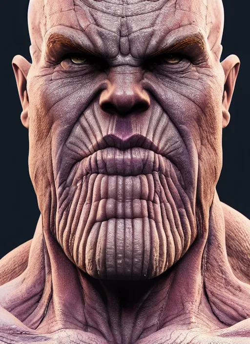 Image similar to thanos, au naturel, hyper detailed, digital art, trending in artstation, cinematic lighting, studio quality, smooth render, unreal engine 5 rendered, octane rendered, art style by klimt and nixeu and ian sprigger and wlop and krenz cushart