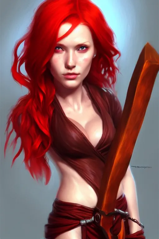 Prompt: a woman with red hair holding two large axes, concept art by senior character artist, true anatomy, extremely beautiful face, extremely detailed face, artstation contest winner, fantasy art, concept art, artstation hd, 2 d game art