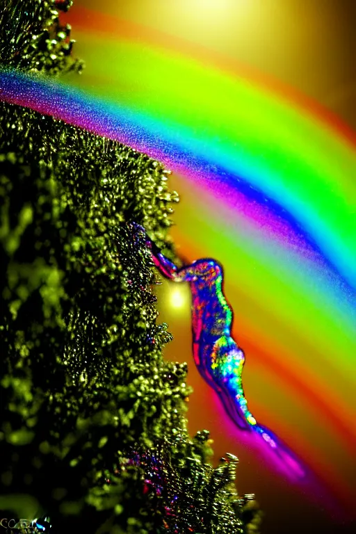 Image similar to a hyperrealistic detailed image of a fiberoptic light rainbow colored iridescent transparent creature in the bushes of a suburban neighborhood on a sunset evening, depth perspective, depth of field, cinematic angle, by chris cunningham and richard corben, highly detailed, vivid color,