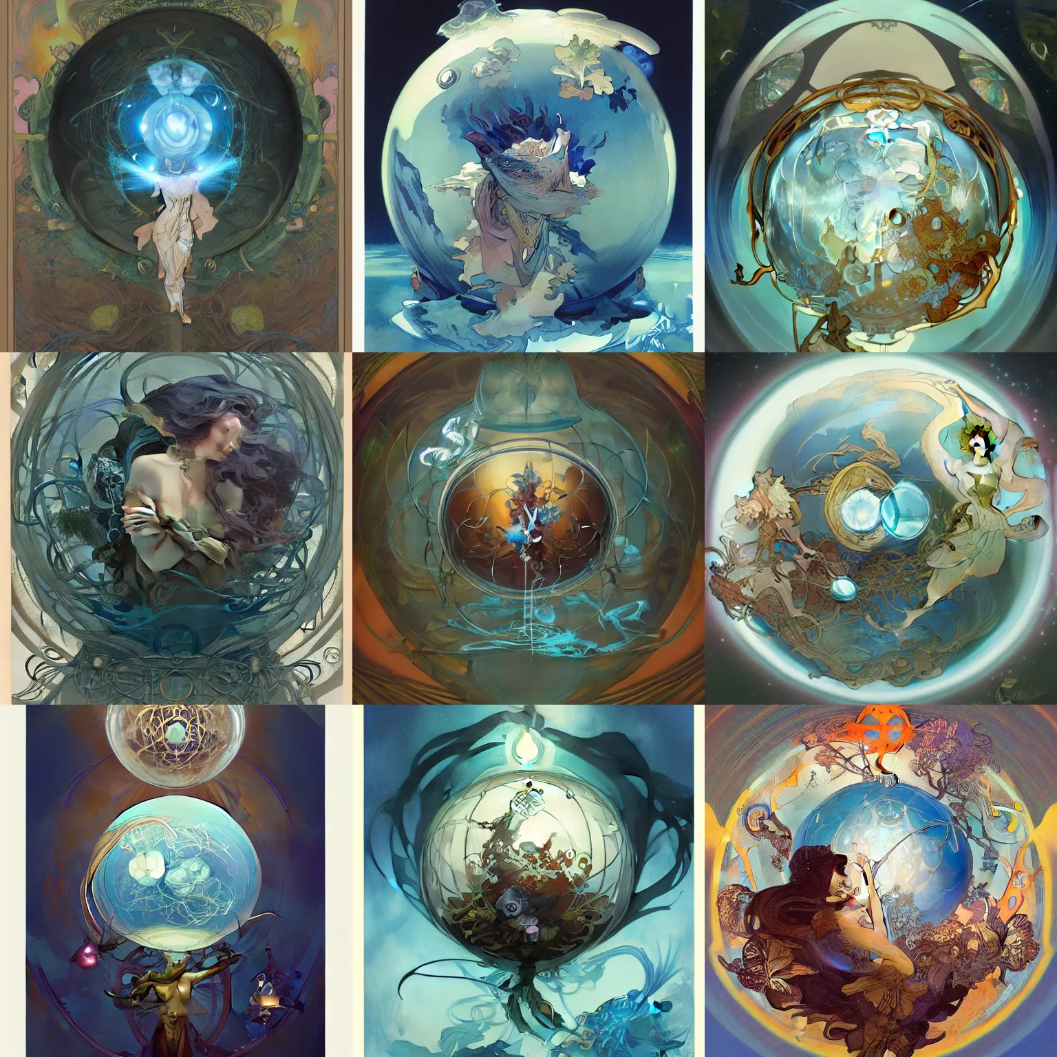 Prompt: a blue energy sphere by Peter Mohrbacher, Alphonse Mucha, Brian Froud, Yoshitaka Amano, Kim Keever, Victo Ngai, James Jean