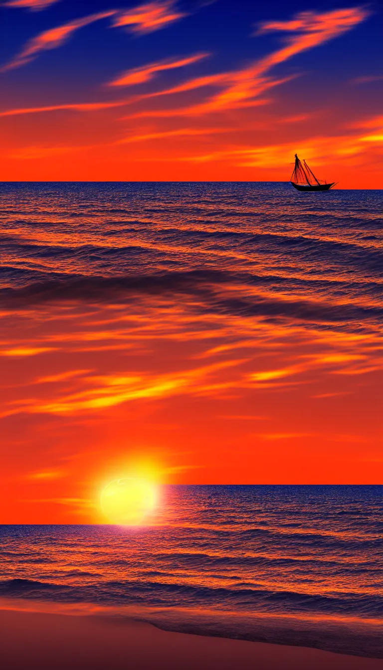 Prompt: highly detailed photo of beautiful sunset on beach, silhouette of a boat in sea, hyper realistic, concept art, 8 k detail post - processing