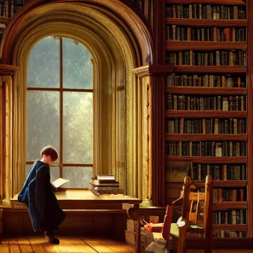 Prompt: a beautiful tall tree growing in the middle of an ancient Victorian library. a child reading a book. by Albert Bierstadt, ultra-realistic, 4K, featured on artstation
