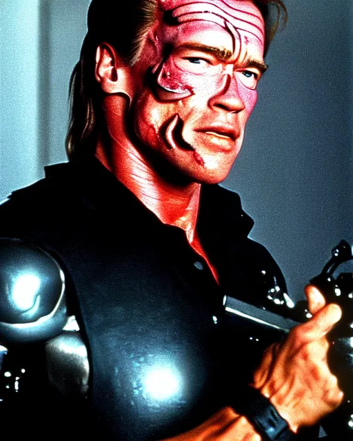 Image similar to arnold schwarzenegger as a damaged terminator, red eye, photo