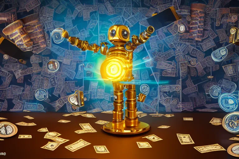 Prompt: photo of a golden and blue metal steampunk office robot with gears and tubes sitting in an office, on the office table and floor is a mountain of money bills, eyes are glowing red lightbulbs, moneybills all over the place, shiny crisp finish, 3 d render, 8 k, insaneley detailed, fluorescent colors, background is multicolored lasershow