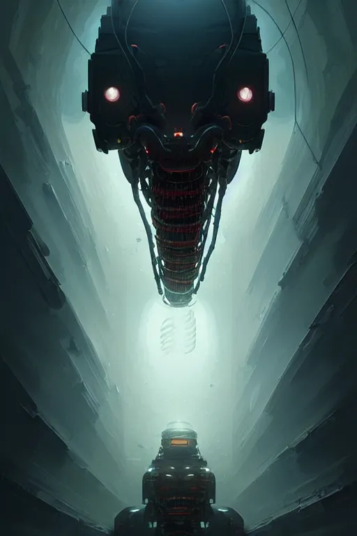 Prompt: professional concept art portrait of a ominous floating robotic terrifying!! species thing in a dark room by artgerm and greg rutkowski. an intricate, elegant, highly detailed digital painting, concept art, smooth, sharp focus, illustration, in the style of cam sykes.