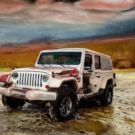 Image similar to a muddy 1997 hardtop white Jeep Wrangler drowning in quicksand, digital art, beautiful iridescent fog swallows the dirty swamp, gritty, cinematic, extraordinary colorful landscape, photorealistic, soft vintage glow