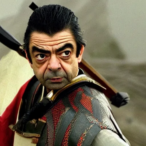 Image similar to an film still of rowan atkinson as samurai, cinematic, dramatic action