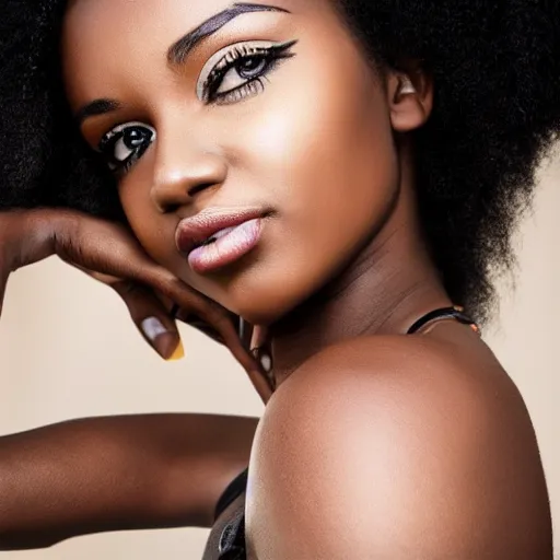 Prompt: portrait photograph of beautiful african girl with green eyes and curly black hair, very detailed