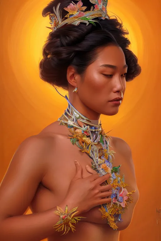 Prompt: body portrait of hawaiian queen wearing a lea, by terry o'neill intricate, elegant, highly detailed, digital painting, glistening skin, artstation, concept art, smooth, sharp focus, contrasting lighting, bright colors, dark background, illustration, art by artgerm and greg rutkowski and alphonse mucha, 8 k