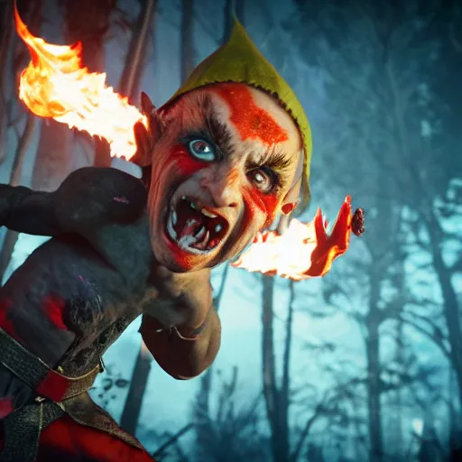 Image similar to a cute, enraged elf with violent skin reflecting a fiery scene, a scarred face, a bob haircut, and bushy eyebrows, grinning, with hell aflame behind them, in the style of gary frank and rafael albuqurque, rendered in unreal engine