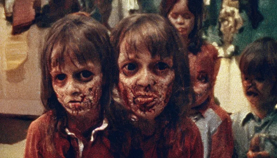 Image similar to 7 0 s film still from a horror movie with diseased children, kodachrome, cinecolor, cinestill, photorealism, cinematic, film grain, film texture, vhs recording