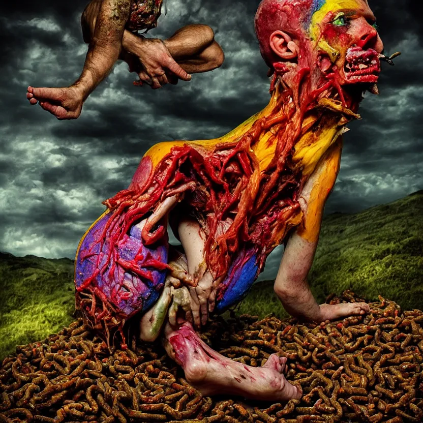 Image similar to a very colorful and beautiful ( flesh - eating ) padoumpa, eating the leg of a terrified man, standing on top of a mountain of maggots, schizophrenic hallucination, by alexandro judorowski and basia tran, fear, morbid, nightmare, supernatural, 8 k, digital art, highly detailed, chiaroscuro, creepy, terrifying