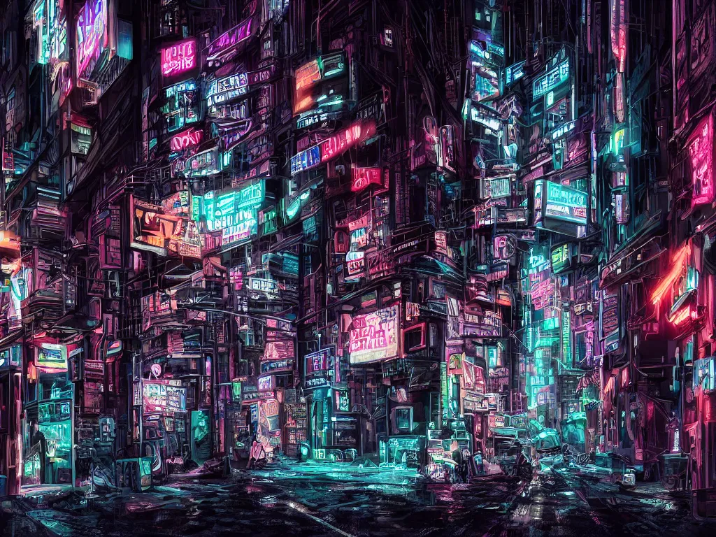 Image similar to a nightscene with a dark alley in new york city with graffiti on the walls at the end an illuminated door, cyberpunk city, futuristic, neon, intricate details