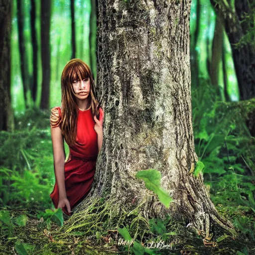 Prompt: Julia Darling hiding behind a tree in the forest, photorealistic