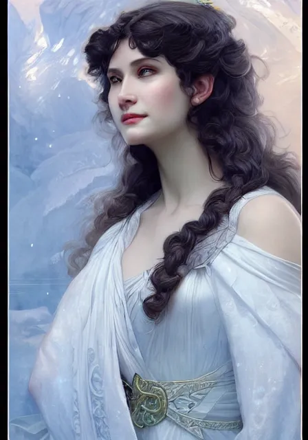 Image similar to ice queen, intricate, elegant, highly detailed, digital painting, artstation, concept art, smooth, sharp focus, illustration, art by artgerm and greg rutkowski and alphonse mucha and william - adolphe bouguereau