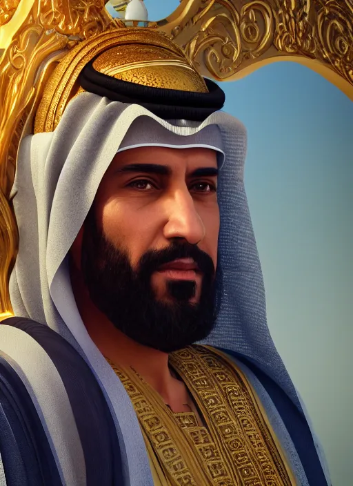 Image similar to portrait of sheikh mohammad ruler of dubai, trending in artstation, cinematic lighting, studio quality, smooth render, unreal engine 5 rendered, octane rendered, art style by klimt and nixeu and ian sprigger and wlop and krenz cushart.