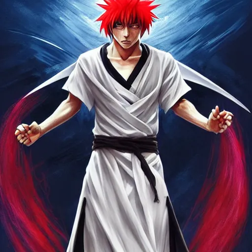 Image similar to lionel messi as ichigo kurosaki from bleach, d & d, fantasy, intricate, elegant, highly detailed, digital painting, artstation, concept art, matte, sharp focus, illustration, art by artgerm and greg rutkowski and alphonse mucha