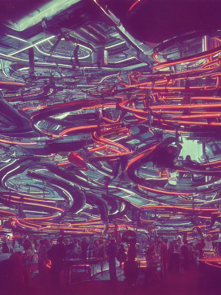 Prompt: kodachrome photo of futuristic interior of a busy spaceport on an alien world, neon lighting and spotlights, intricate film still by stanley kubrick. very coherent symmetrical photograph. cinematic, hyperrealistic, high detail