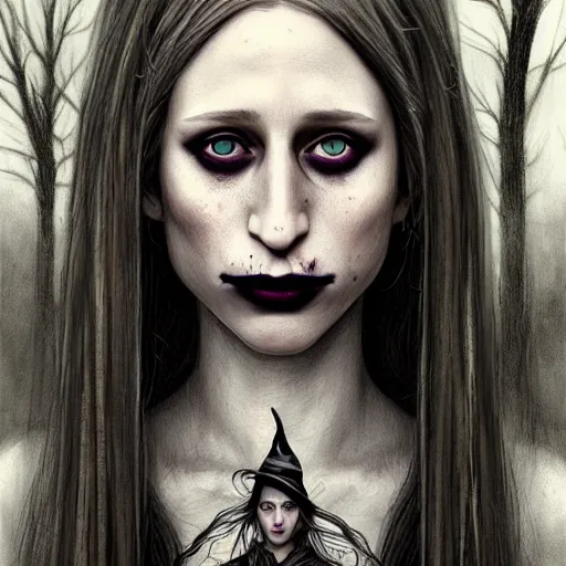 Prompt: gorgeous female Taissa Farmiga witch, realistic character concept, full body shot, spooky, black magic, illustration, symmetrical face and body, realistic eyes, cinematic lighting, hyperdetailed, detailed realistic symmetrical eyes, cgsociety, high resolution, Charlie Bowater, Tom Bagshaw, single face, insanely detailed and intricate, beautiful, elegant, dark forest and trees