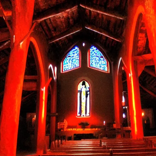 Image similar to church of biboran, man's with red glowing eyes