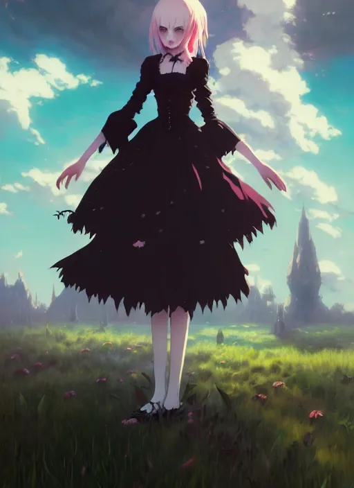 Prompt: portrait of gothic alice from wonderland, cloudy sky background lush landscape illustration concept art anime key visual trending pixiv fanbox by wlop and greg rutkowski and makoto shinkai and studio ghibli