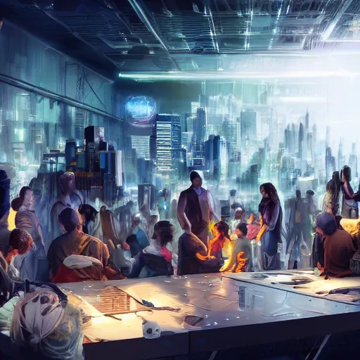 Image similar to large group people in a huge warehouse, gathered around a hologram of futuristic city on a table | cinematic concept art | godrays | 4 k | clear details | tabletop | tabletop