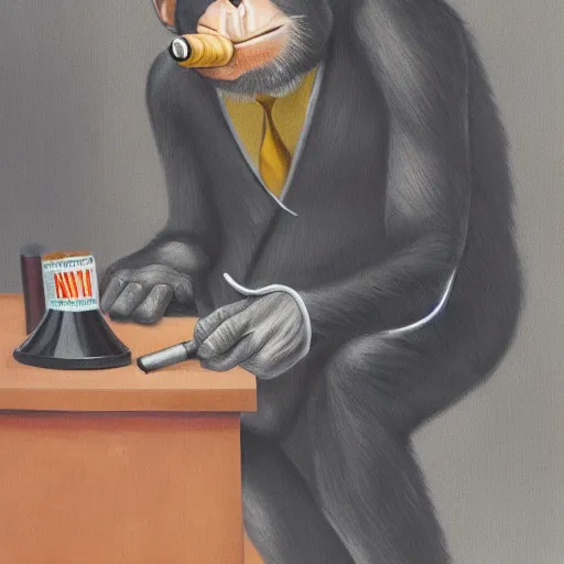 Image similar to a high detail photo of an antropomorphic chimp wearing a suit smoking a cigarrette, subject= chimp, subject detail: wearing a suit, subject action: smoking a cigarrette photorealism