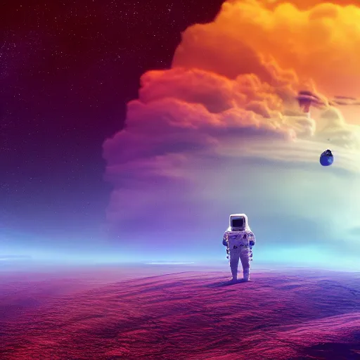 Prompt: an astronaut and a spaceship on a alien surface with psychedelic clouds 8 k