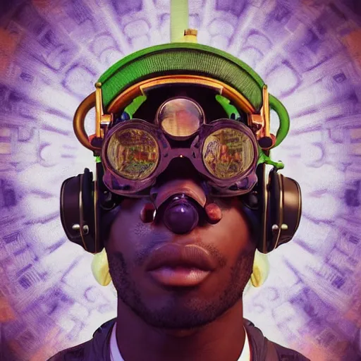 Prompt: colourful vfx upper half - portrait - art of a nigerian boywearing steam punk goggles, art by utagawa kunisada, james jean & alphonse mucha, symmetrical, intricate detail, concept art, volumetric light, ray tracing, caricature, digital illustration, octane 3 d render, unreal engine, sharp, pinterest, behance, art station,