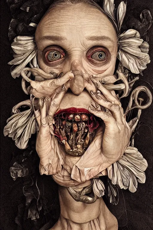 Image similar to Detailed maximalist portrait of a beautiful old woman with large lips and eyes, scared expression, botanical skeletal with extra flesh, HD mixed media, 3D collage, highly detailed and intricate, surreal illustration in the style of Caravaggio, dark art, baroque, centred in image