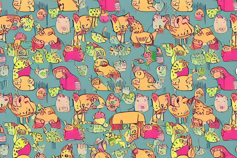 Image similar to beautiful art illustration of a group of happy cats by tony healey, highly detailed, seamless pattern, tiling