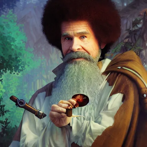 Prompt: an ultra detailed magic the gathering card of bob ross smoking a pipe and dressed as a fantasy druid, d & d, epic fantasy, concept art by alphonse mucha and greg rutkowski, octane render, 8 k, detailed face