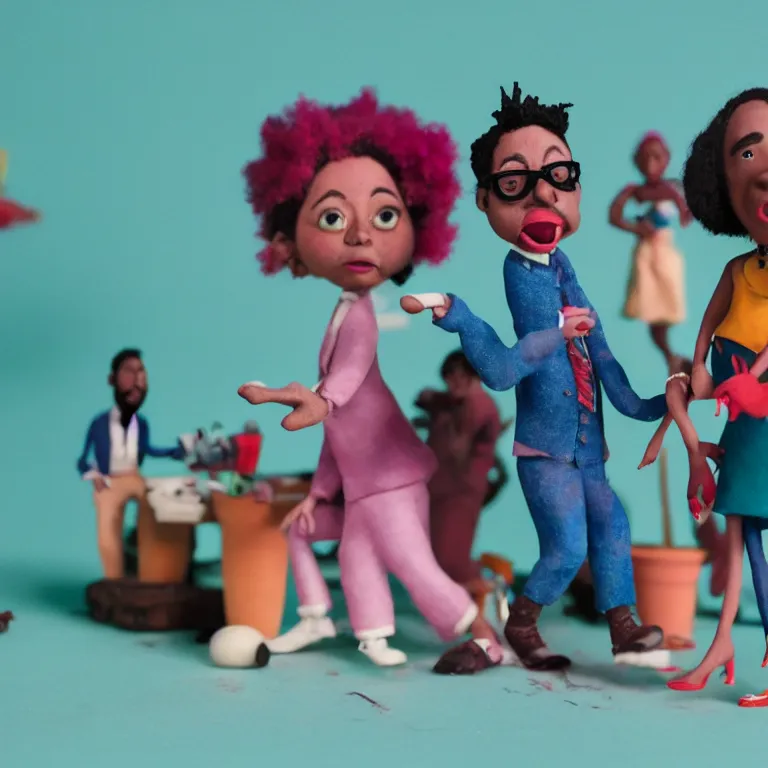 Image similar to a cinematic film still of a claymation stop motion film hey ya! music video outkast, shallow depth of field, 8 0 mm, f 1. 8