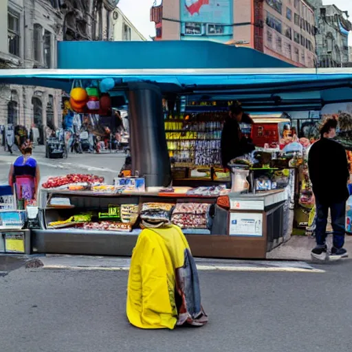 Image similar to a photo of a futuristic market stall at a street corner from the film'minority report'taken from a distance, dslr