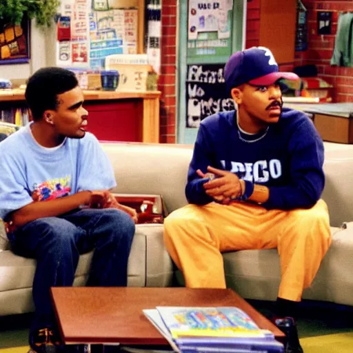 Image similar to a tv still of Chance The Rapper starring as a black college student at Jones College Prep in a 1993 sitcom