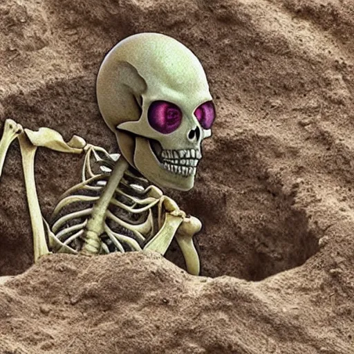 Prompt: alien skeleton with elongated head found in fossil excavation