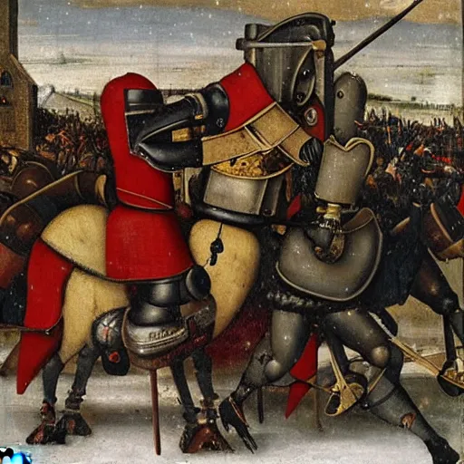 Prompt: 1 5 th century robot jousting a kight in a snowstorm in the style of oil renaissance painters