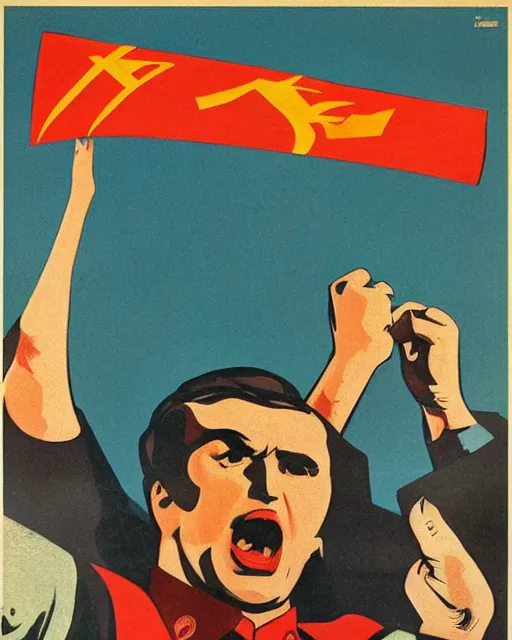 Image similar to soviet propaganda poster of an angry communist developer yelling at his computer