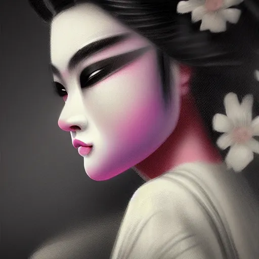 Image similar to gorgeous geisha samurai noir, hyperrealistic, soft focus, sharp, highly detailed