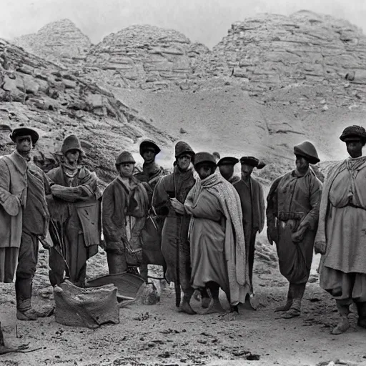 Image similar to ultra detailed photorealistic sepia - toned photo from 1 9 1 7, clean - shaven british soldiers standing with bedouin traders in traditional arab garb, at an archaeological dig site in wadi rum, ultra realistic, painted, intricate details, lovecraft, atmospheric, dark, horror, brooding, highly detailed, by clyde caldwell