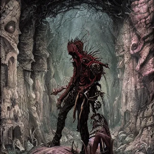 Image similar to fantasy painting with a tattooed punk rock zombie male in a surreal magical environment by Greg Rutkowski and Michael Whelan w 1024